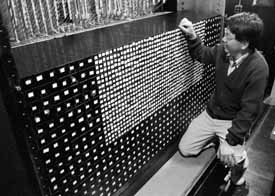 Bob Hsiung inspects KTeV's calorimeter in the summer of 1996