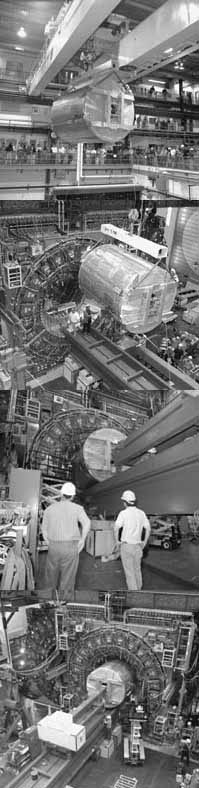 The Central Outer Detector being loaded into the central region of the CDF Detector in the CDF assembly hall