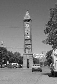 The clock tower presides over the Malargue town square.