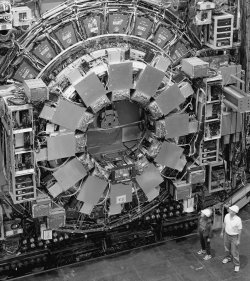 Project co-managers Bob Kephart (right) and Cathy Newman Holmes surveyed the upgraded CDF detector before it was rolled in to the collision hall for Run II of the Tevatron.