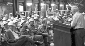 More than 150 scientists, government officials, university staff members and guests gathered to hear Congressman Oberstars inspiring speech: This mine was once dedicated to the pursuit of iron ore so pure you could weld two pieces of it together. Now this mine is dedicated to the pursuit of pure knowledge.