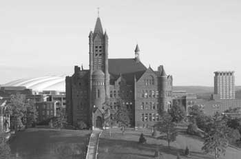 Originally Genesee College in Ohio, Syracuse University was established in 1870 on 50 acres of farmland in central New York state, promising equal education for men and women. This view of the campus highlights Crouse College, now the main hub for the universitys College of Visual and Performing Arts, the School of Music, several art studios, music practice rooms, a beautiful 1,000-seat auditorium, and Crouses Holtkamp Organ. The Crouse Chimes, atop Crouse College, entertain passersby several times each day.