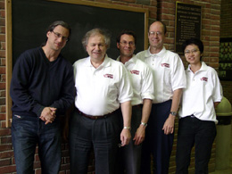 University of Cincinnati researchers at Fermilab. From left to right, Professor Alex Kagan (theory), Professors, Brian Meadows and Alan Schwartz (E791), Professor Randy Johnson and graduate student Narumon Suwonjandee (MiniBooNE). Missing: Professor Michael Sokoloff (E791)